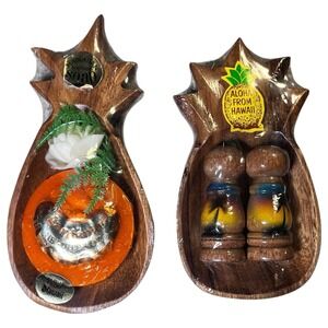 Souvenir Hawaiian Wood Tray Scented Gardenia Soap + Salt /Pepper Sealed Vntg